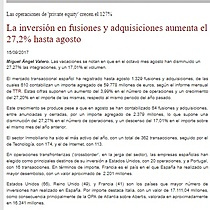 La inversin en fusiones y adquisiciones aumenta el 27,2% hasta agosto